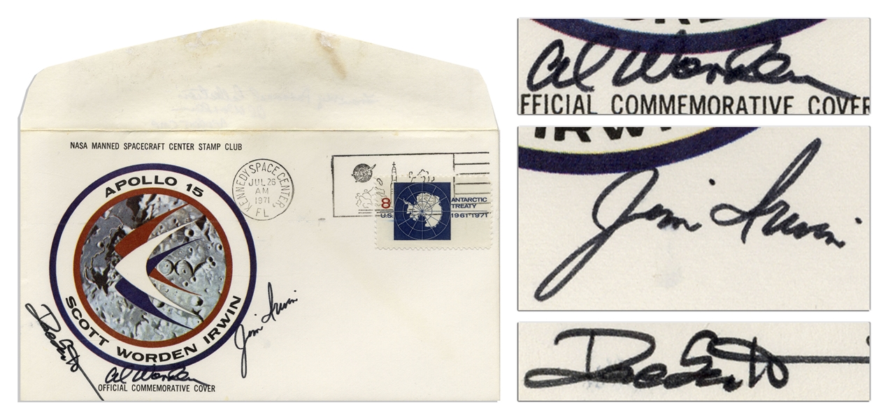Apollo 15 Crew-Signed NASA Insurance Cover -- From Al Worden's ''Personal Collection'', as Written by Him, and Also With His Signed COA